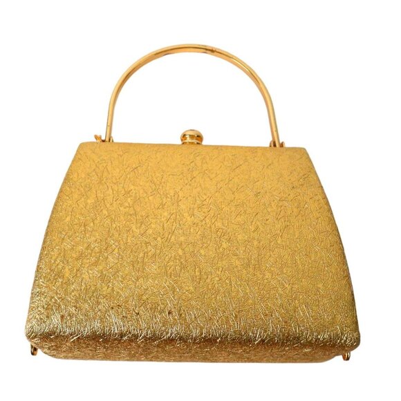 Vintage Gold Lame Pillbox Purse Rhinstone Clasp - Picture 2 of 7